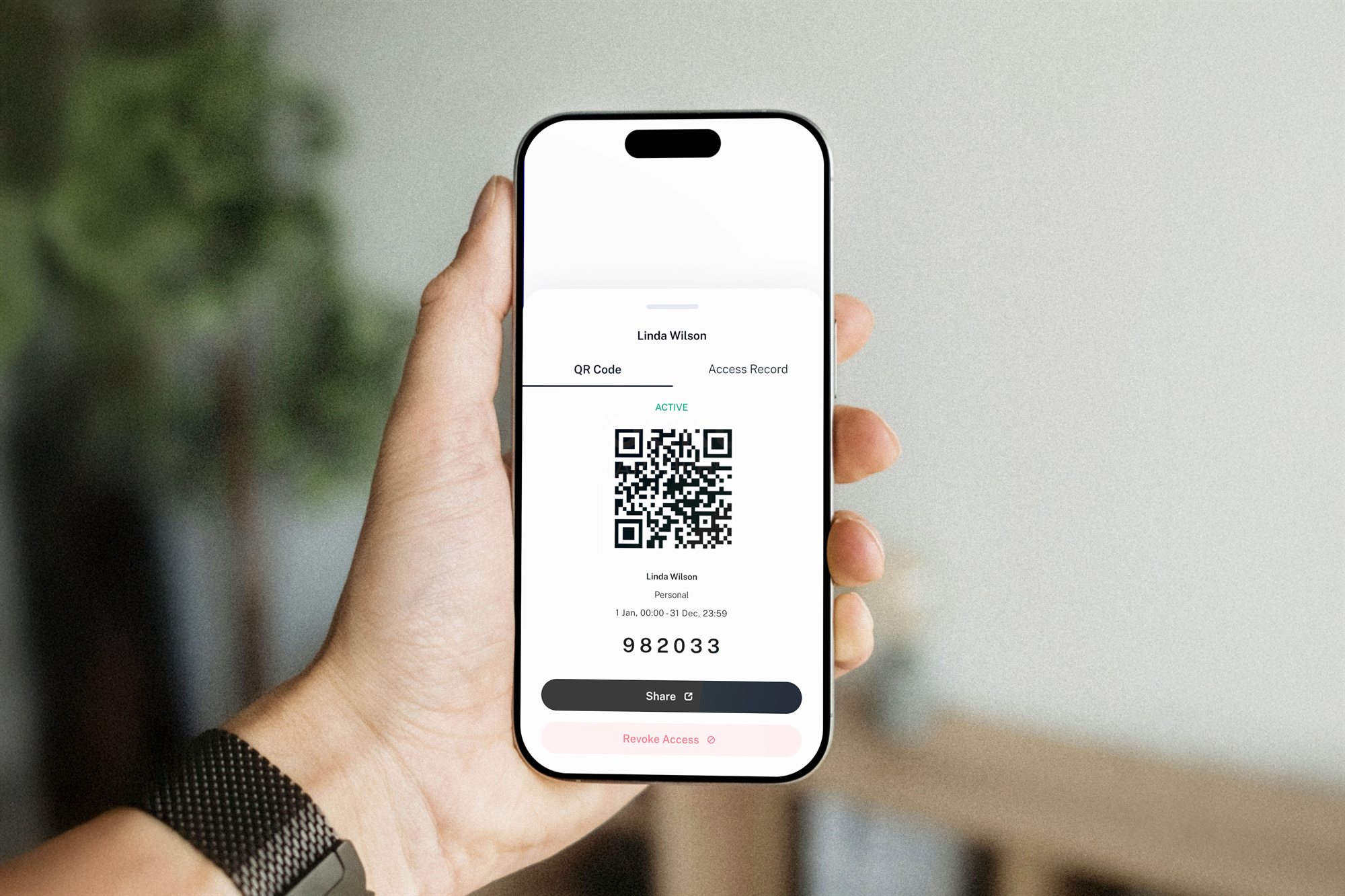 Temporary QR access pass on a smartphone